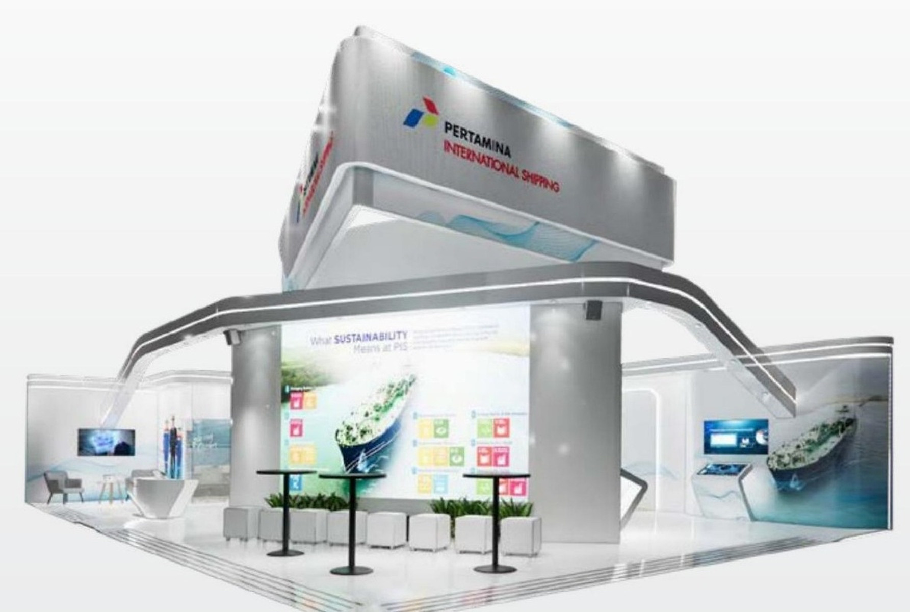 Original booth design visualization for Pertamina International Shipping at Gastech USA 2024, not an installation photograph